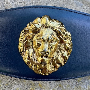 Vintage Anne Klein Navy Leather Belt: Gold Lion Buckle, Size S