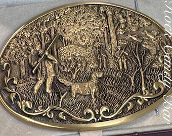 Vintage 1981 O.C. Tanner Solid Brass Belt Buckle – Hunting Scene with Dog, 10k Gold Brush, Original Box, Rare Hunter’s Gift Collector's Gift