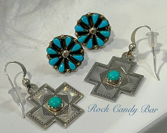 Turquoise Cross Vintage Native American Navajo Sterling Silver Earrings Turquoise Cross Vintage Native American Navajo Sterling Silver Earrings