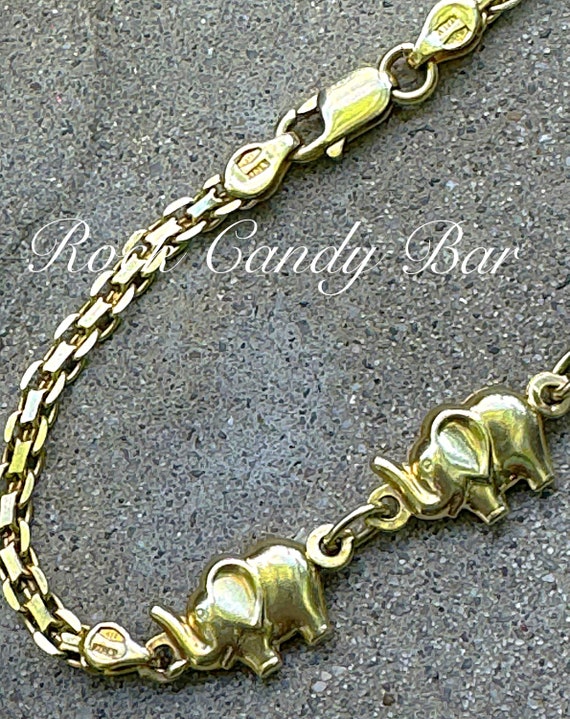 Vintage 10K Gold Lucky Elephant Bracelet | Italian Gold Elephant Charm Bracelet | Four Raised Trunk Elephants | 7.5"