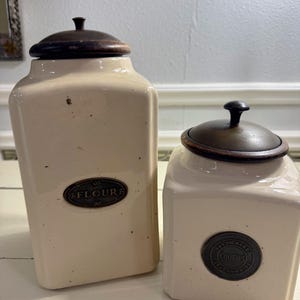 Vintage Retro Beige Canisters Set of Two Country Kitchen French Country Decor Cute Vintage Gifts Vintage or Antique Canisters Wood & Ceramic