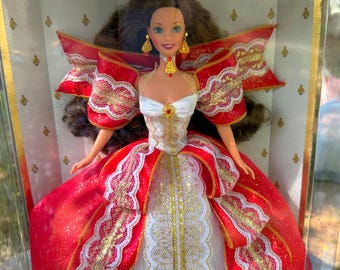 holiday barbie red and gold dress 1993 Happy Holidays Barbie NRFB Blond Hair Red/Gold Dress Mattel #10824