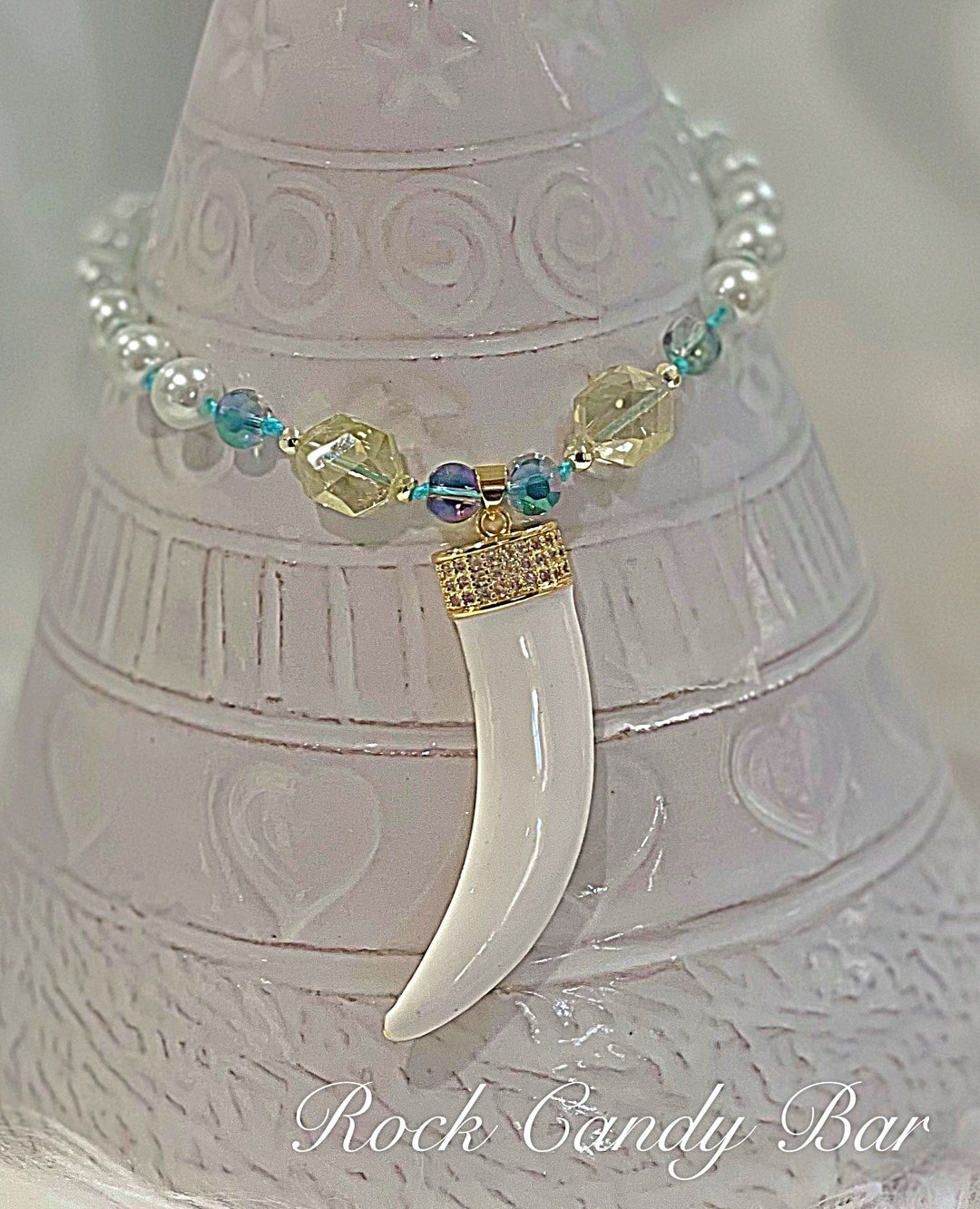 Extra Lucky Horn Necklace White Pearl Horn Choker Chunky Lucky Horn and