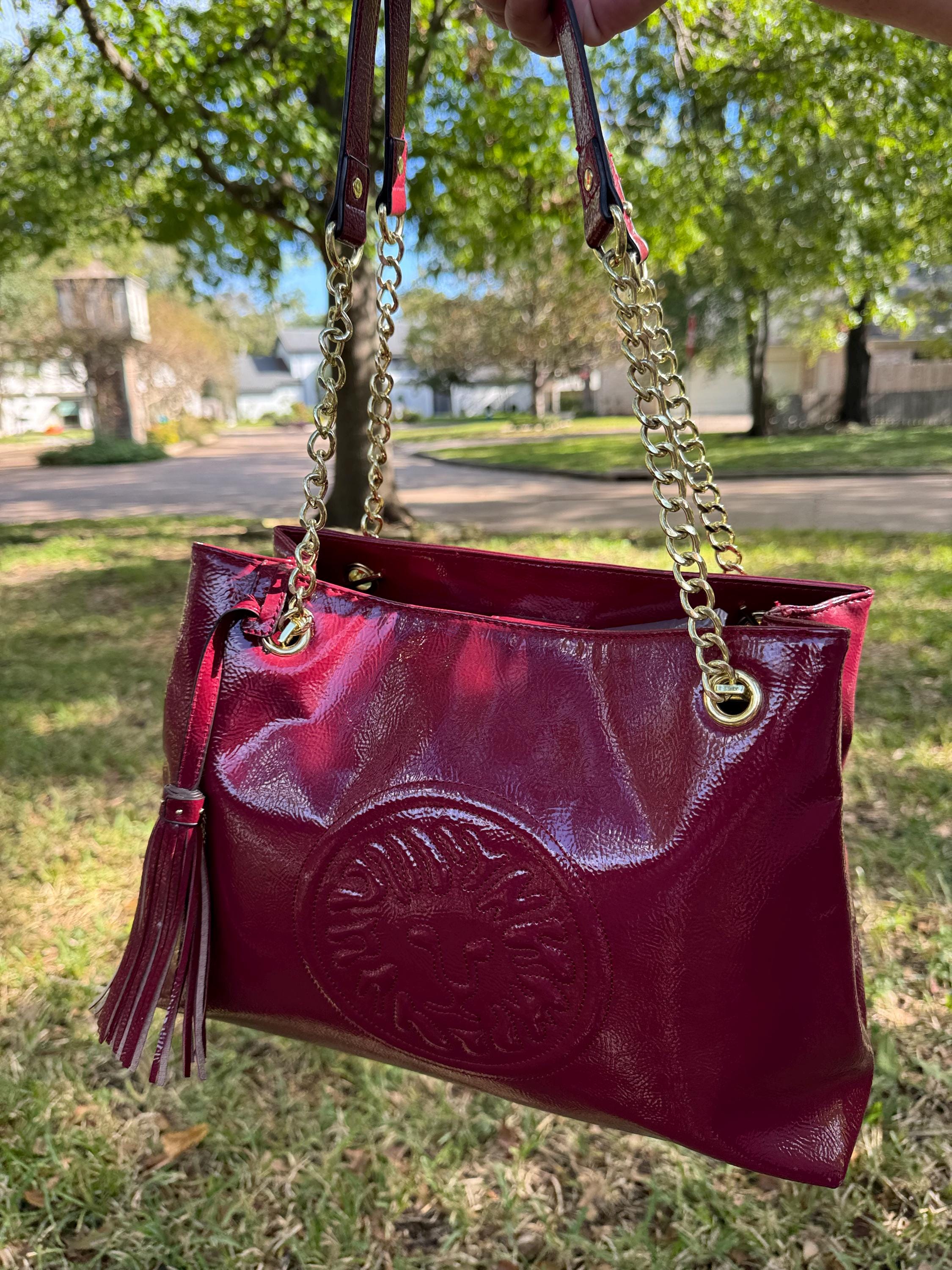 Vintage Anne Klein Patent Leather Satchel: 1980s Maroon Designer