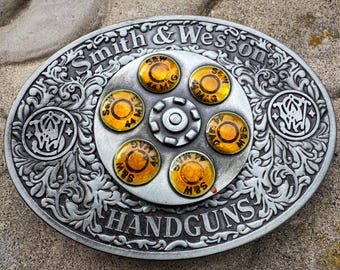 Vintage Smith & Wesson Spinning Revolver Gürtelschnalle - Silber Gold Bullet Inlay, 3,5 "Oval, Unisex 1,5 "Gürtelzubehör, Fun Spinner