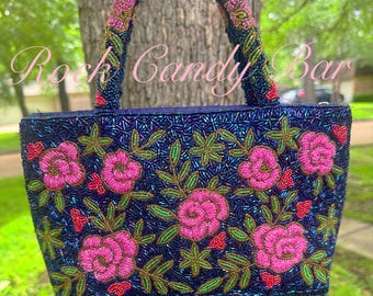 ヴィンテージビーズローズハンドバッグ - ネイビー＆ピンクの花柄