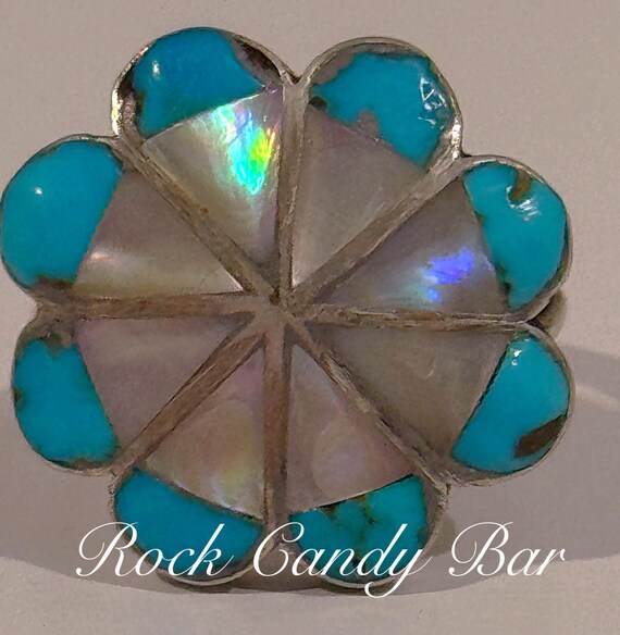 Exquisite Vintage Native American Zuni Turquoise Inlay Flower Sterling Silver Ring Old Exquisite Vintage Native American Zuni Turquoise Inlay Flower Sterling Silver Ring Old