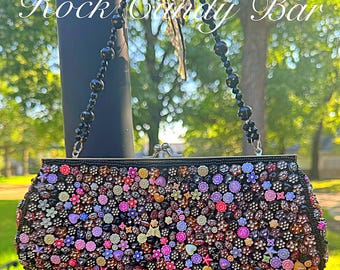 Vintage Schwarz Perlen Floral Geldbörse - Handgemachte Statement Tasche - Sammler Abend oder Party Handtasche Bunte Spaß Geldbörsen