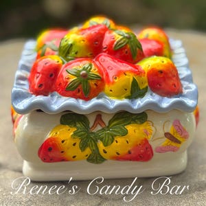 Vintage Ceramics Strawberry Box Cute Ceramic Strawberries & Butterflies Trinket Box Fruit Shelf Decor Strawberry Kitchen Fruit Decor Ceramic