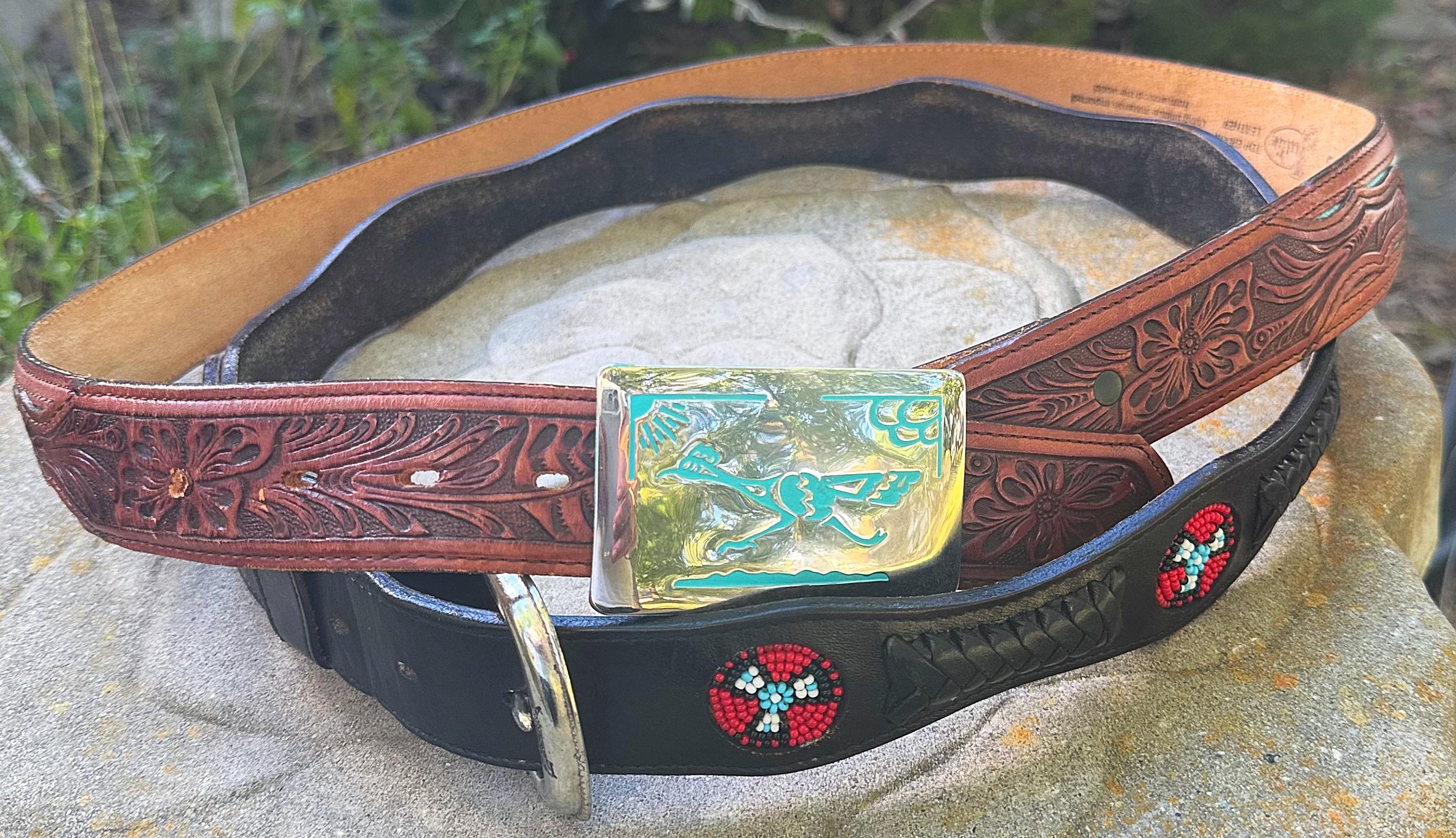 Vintage 1970s Artisan Leather Belts – Hand-painted, Beaded 