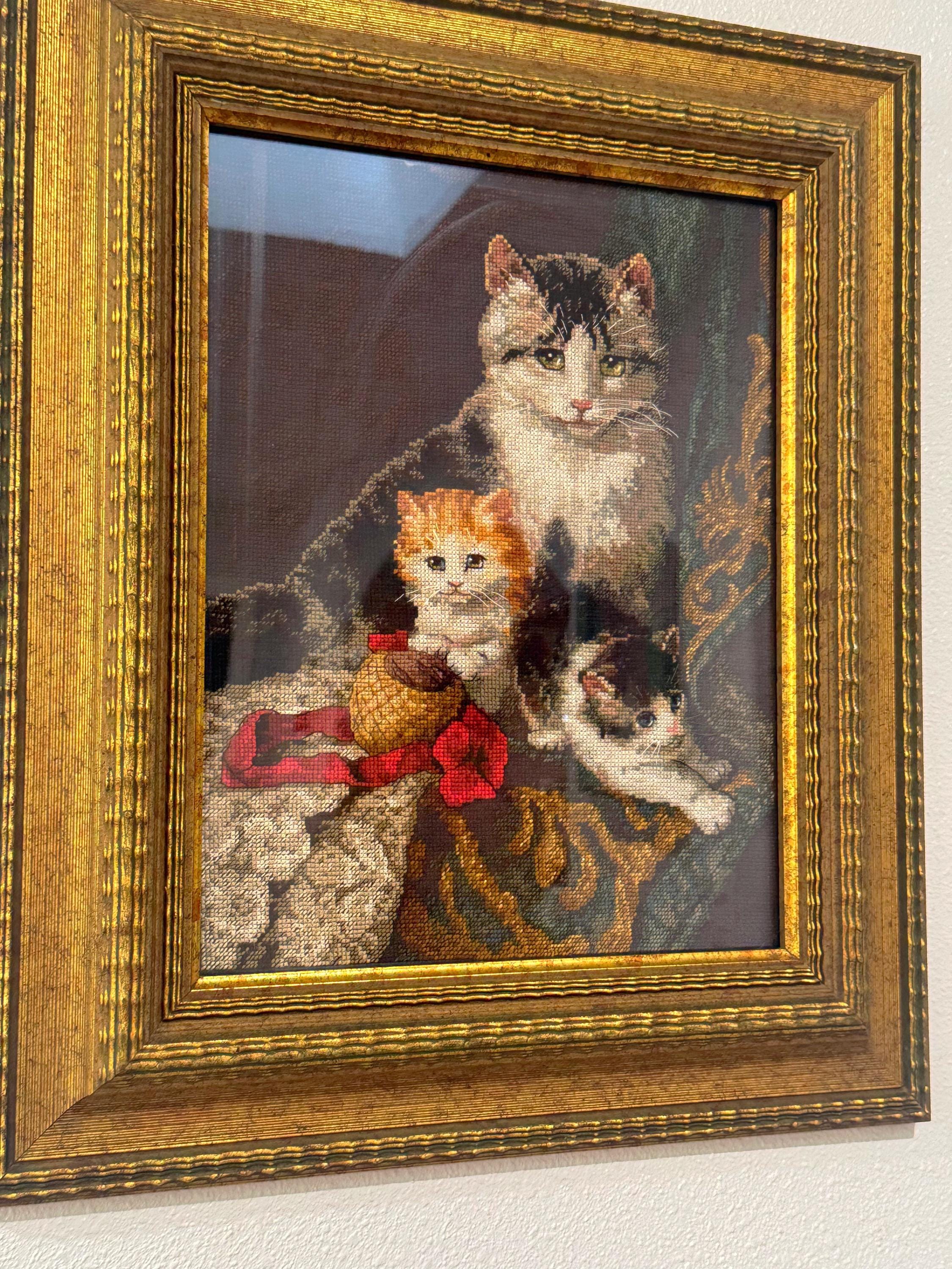 Vintage Cat Needlepoint Art – Handmade Trio in Gold Frame