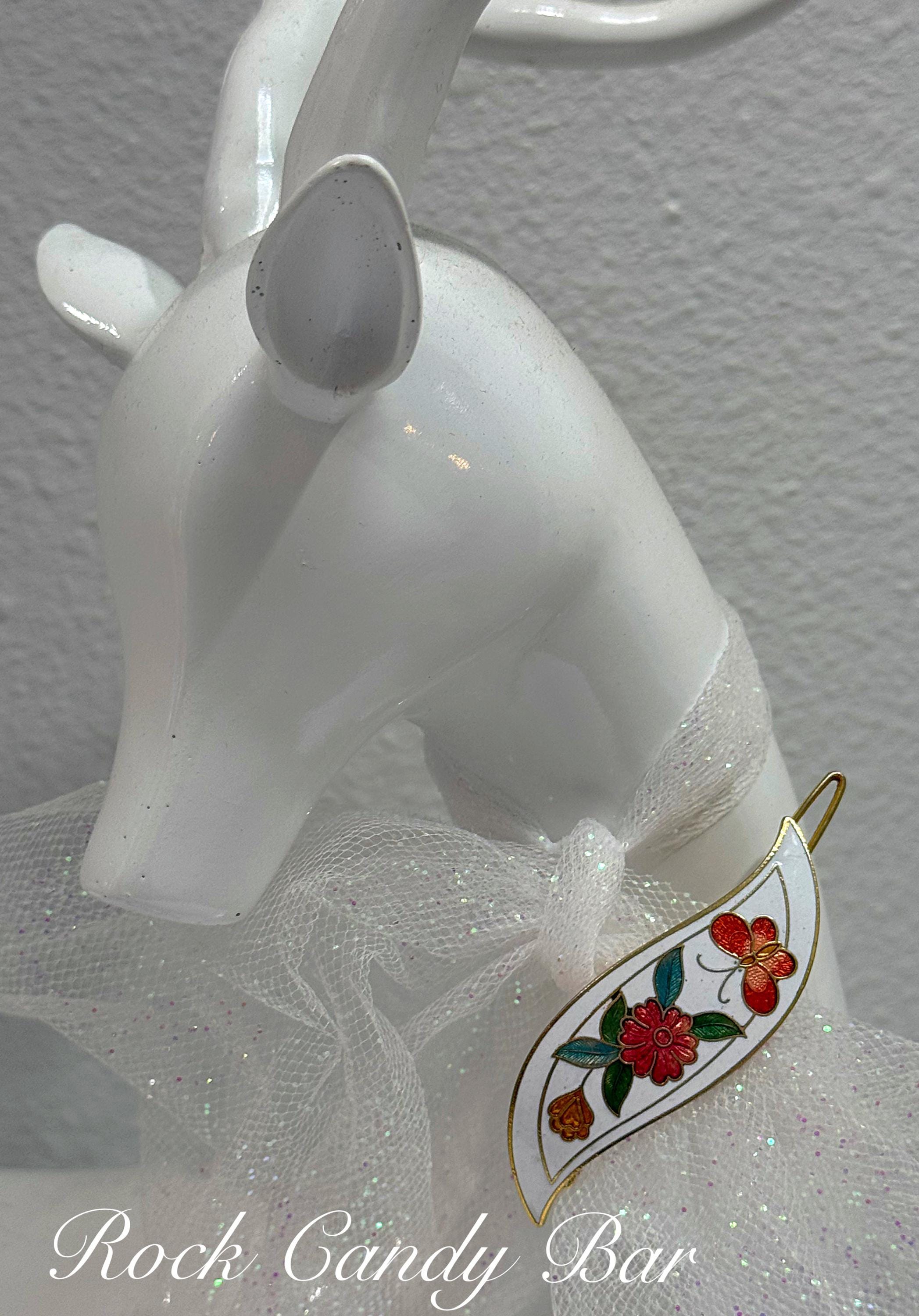 Vintage 1980s Cloisonné Floral Hair Barrette | White Enamel 