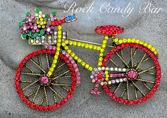 ヴィンテージのカラフルなラインストーン自転車ピン - ゴールドトーン 