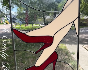 Vintage Dorothy's Ruby Slippers Stained Glass Window Hanging | Large 16.5" x 21" Red & Clear Suncatcher | Wizard of Oz Inspired Art