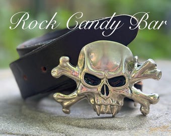 Vintage Leather Biker Belt with Skull Buckle – Dark Brown Almost Black Rock n Roll Belt – Edgy Gift for Him or Her