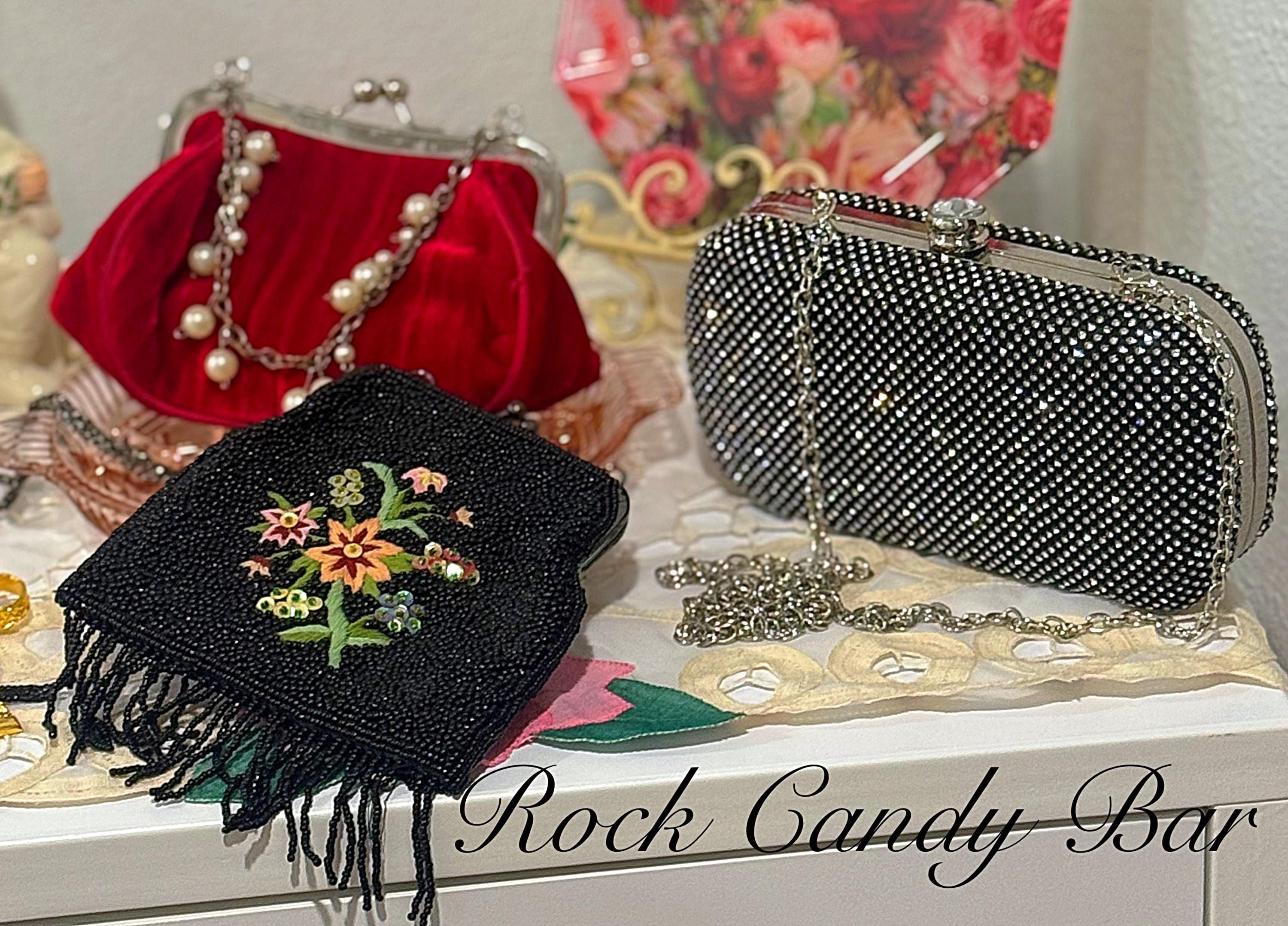 ヴィンテージブラックフローラルビーズハンドバッグ - ハンドメイド菊