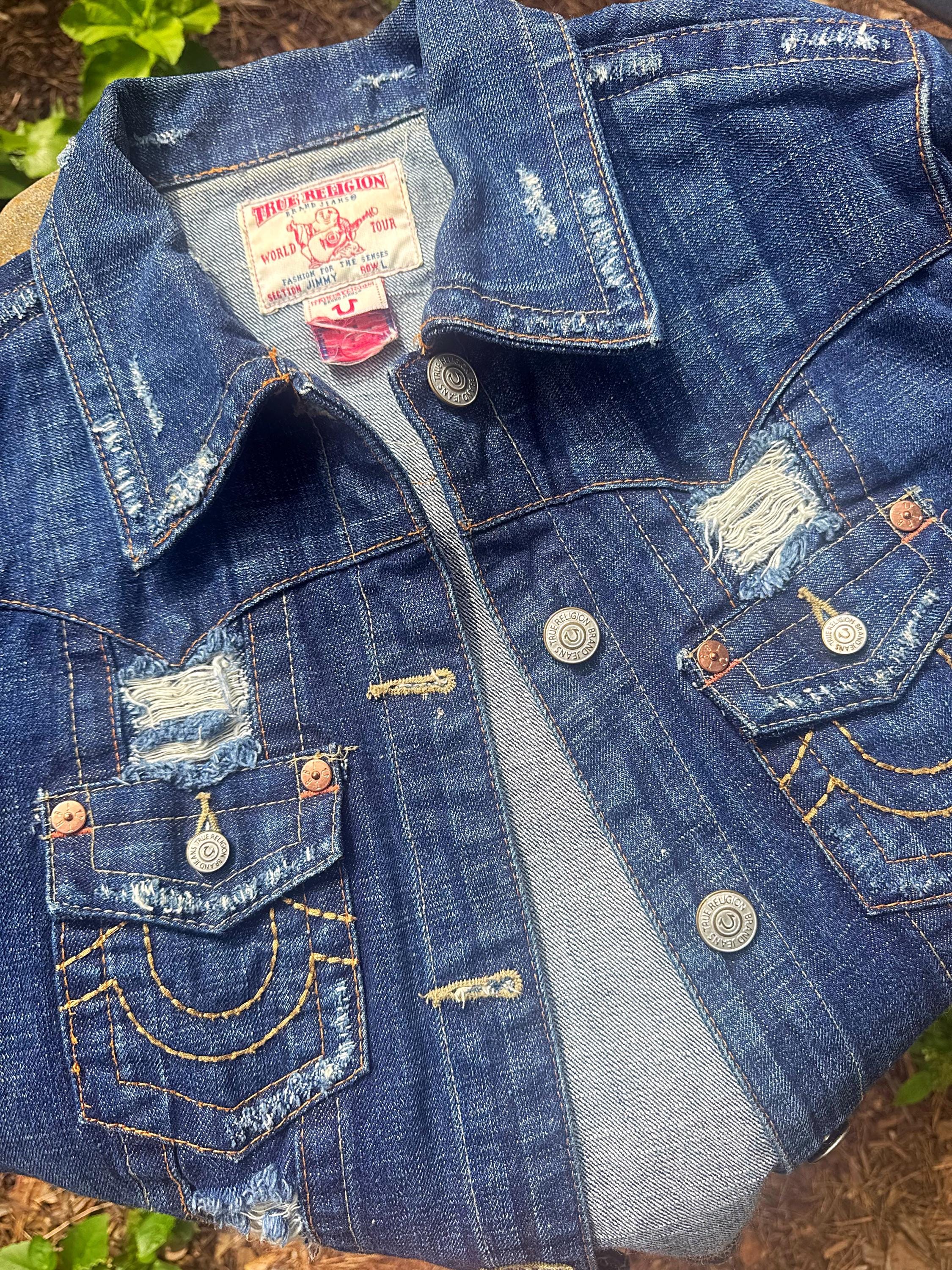 y2k❤️ 00s TRUE RELIGION 激レア 刺繍 デニムジャケット Y2K True Religion Cropped Denim Jacket: Distressed Vintage Jean