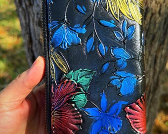 Vintage Hand Painted Tooled Leather Wallet, Double Zip Floral Leather Wallet, Handmade Artisan Organizer, Boho Western Gift
