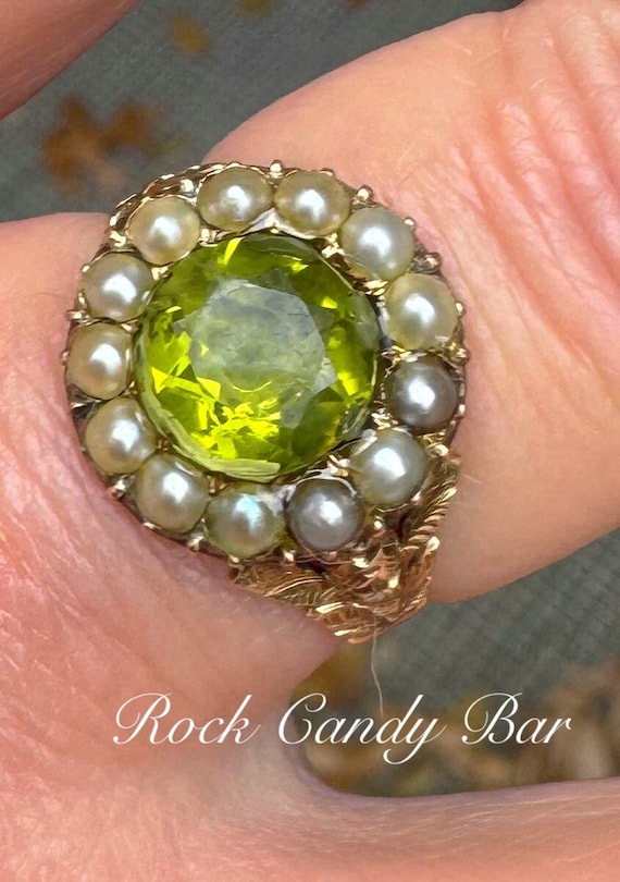 Antique 18k Peridot and Seed Pearl Victorian Ring 