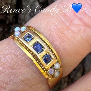 Antique Sapphire Opal Ring 15K Gold, Victorian Edwardian 3 Stone Ring, UK Hallmarked Heirloom Jewelry, Size 7.25, Renee’s Candy Bar