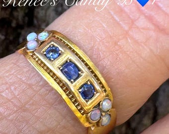Antiker Saphir-Opalring 15K Gold, viktorianischer Edwardianischer 3-Stein-Ring, Größe 7.25, Renee's Candy Bar