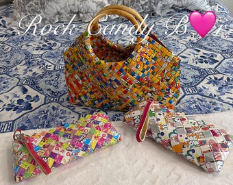 Bunte recycelte Candy Wrapper Geldbörsen - handgefertigte umweltfreundliche Armbänder & Schulranzen | Einzigartige 80er Jahre Geschenkideen von Rock Candy Bar
