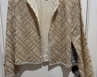 Vintage 1980s Camille Marie Beaded Silk Blazer Champagne Geometric Sequin Jacket Open Front Glam Evening Jacket Wearable Art Statement Piece