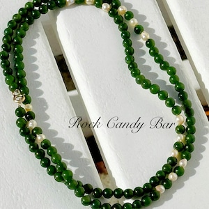 Vintage Green Jade and Pearl Long Necklace 30&quot; Lucky Jade Beaded Necklace Retro Jade Necklace