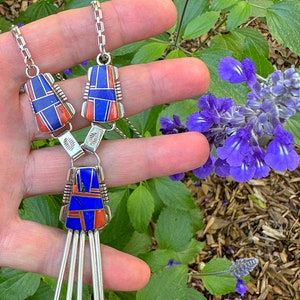 John Charley Signed Sterling Southwest Inlay Pendant with Lapis Lazuli and Coral Necklace and Earrings Set Navajo Necklace Navajo Earrings