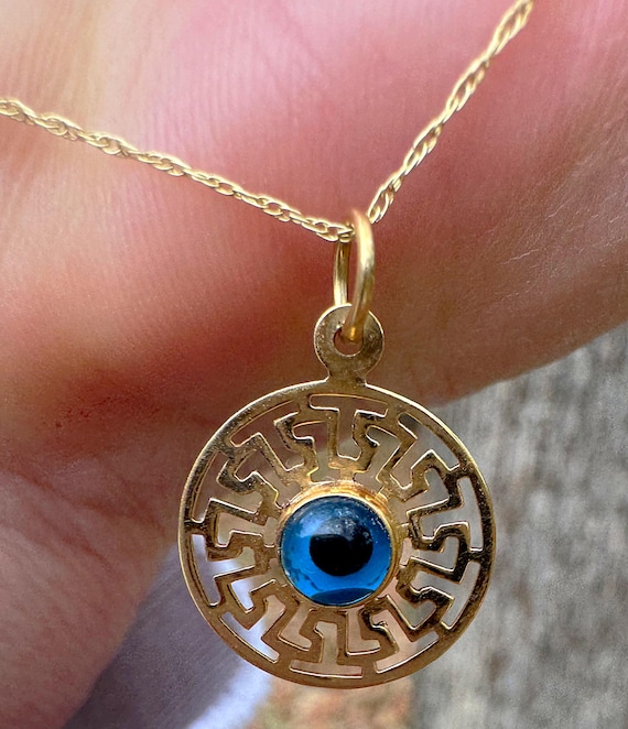 ヴィンテージ 14K ゴールド イーヴィルアイ ネックレス – ギリシャキー 