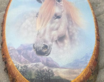 Vintage 1960s–70s Live Edge Wood Wall Art – White Horse Decoupage | Equestrian Rustic Decor, Sustainable Vintage Gift