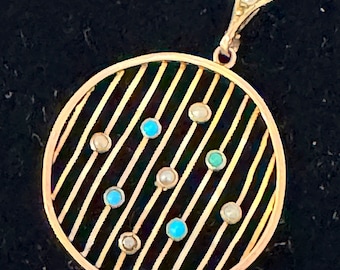 Antique 9K Gold Turquoise Seed Pearl Pendant Art Nouveau Openwork Medallion Victorian Era Fine Jewelry UK
