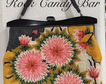 ビーズバッグ 花柄 フラワー ギャザー ハンドバッグ ヴィンテージ レトロ ヴィンテージビーズローズハンドバッグ - ネイビー＆ピンクの花柄