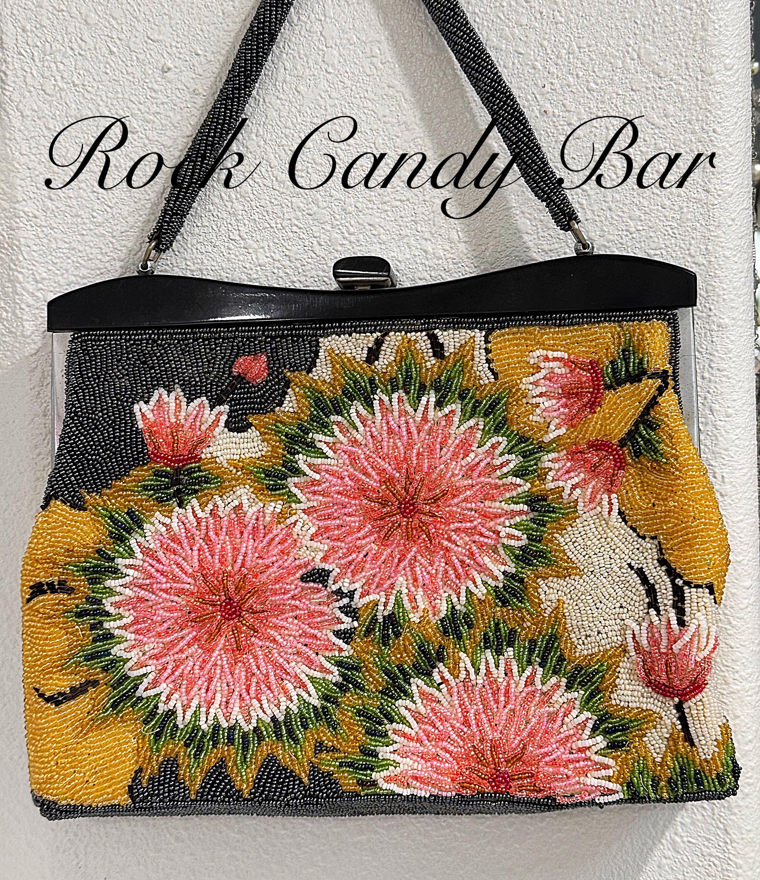 ヴィンテージビーズローズハンドバッグ - ネイビー＆ピンクの花柄