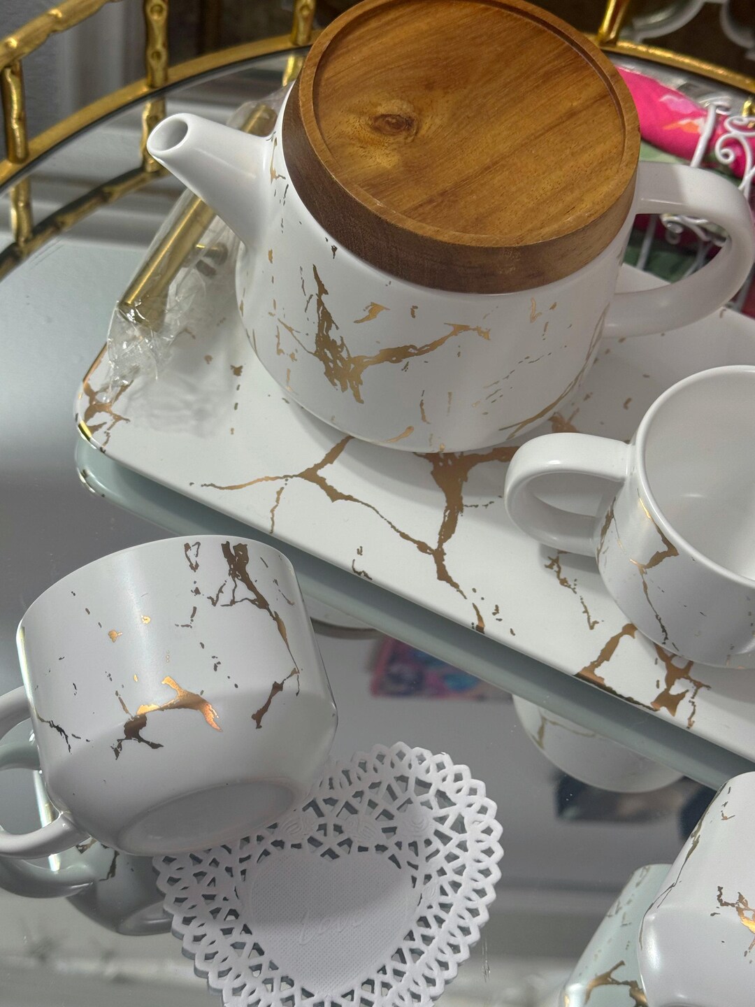 Vintage Ceramic Tea Set: Gold & White Teapot, Cups, Tray - Etsy