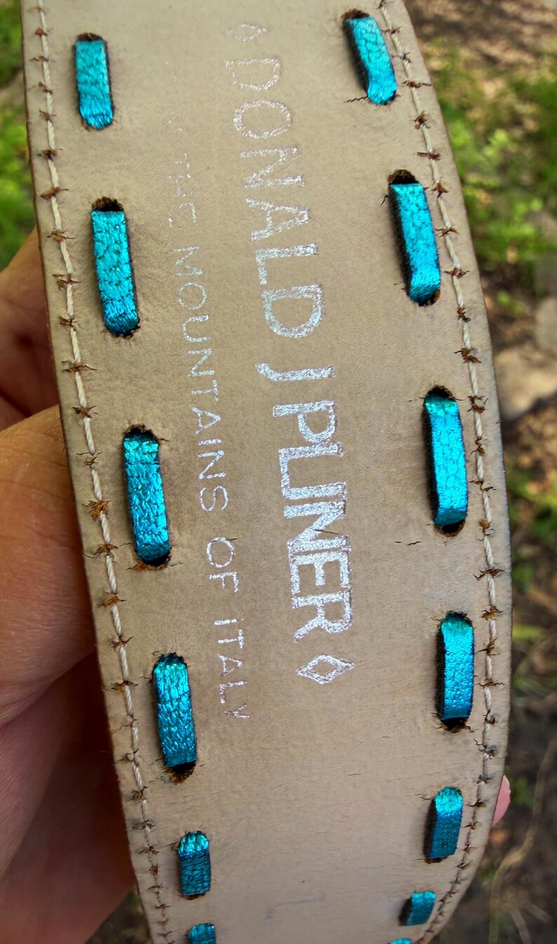 May include: Close-up of a beige leather belt with turquoise stitching and the brand name "DONALD J PLINER" in silver. The text "MOUNTAINS OF ITALY" is also visible. The belt has a stitched border.