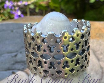 Vintage Wide Silver Lace Band Vintage Cigar Band Thumb Ring Pierced Design Wide Band Sterling Band Ring Sterling Cigar Ring Quatrefoil