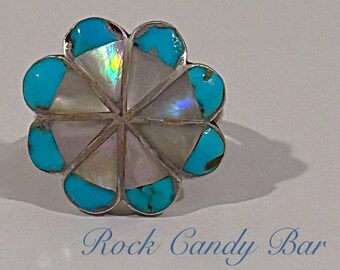 Flower Ring Vintage Zuni Turquoise Flower Ring Mother of Pearl and