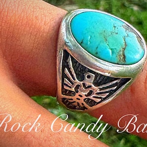 Vintage Navajo Thunderbird Rings – 1970s Sterling Silver with Turquoise, Abalone, or Malachite