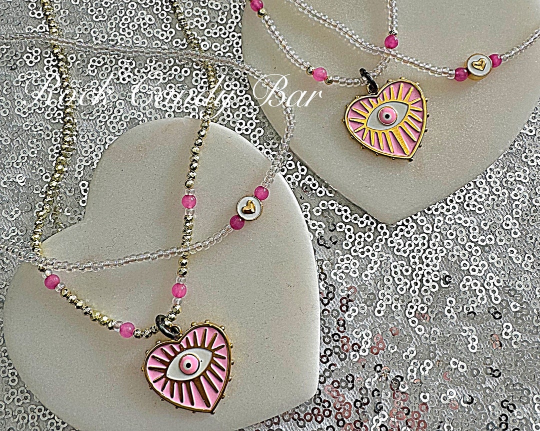 Pink Evil Eye Necklace Gold Plated Hematite Beaded Chain With - Etsy