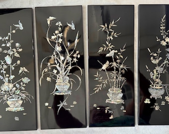 Paneles de arte mural con motivos florales asiáticos vintage, década de 1970, con incrustaciones de nácar lacado negro (juego de 4 paneles)