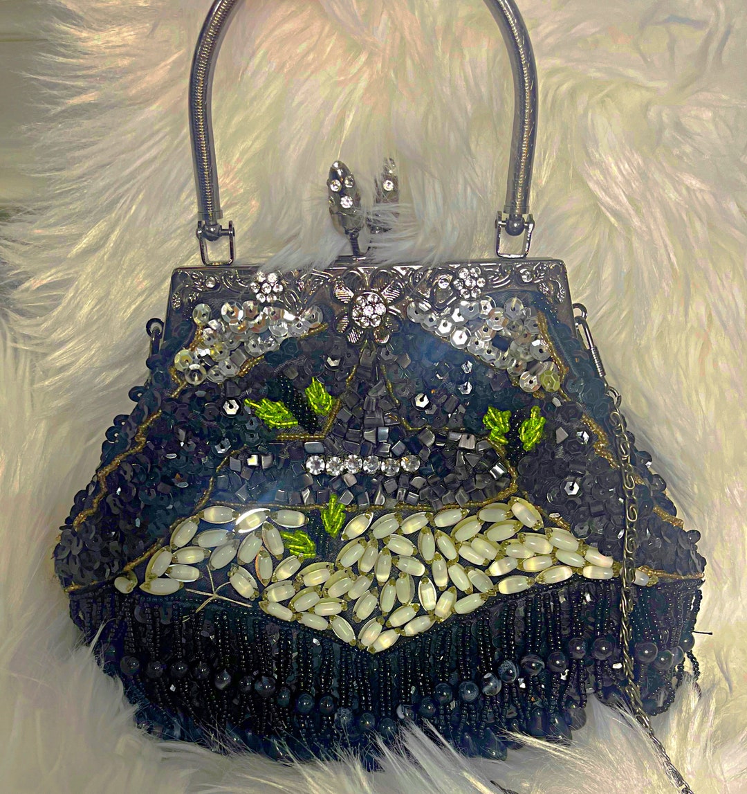 Sac De Soirée Vintage Perles Brodées Main - Noir - Dimensions 30x26 Cm - Chaîne Amovible - Pour Femme, événements élégants - 7