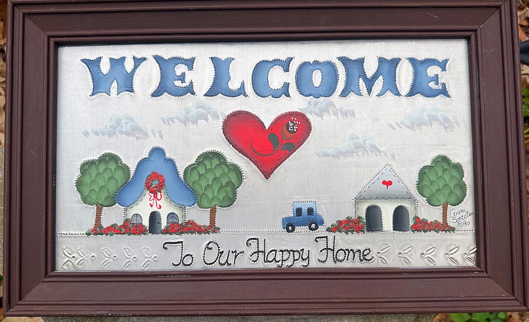 Vintage Punched Metal Welcome Sign Folk Art, 1990s Hand Painted Wall ...