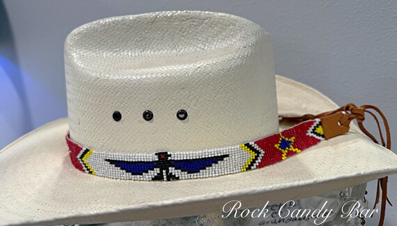 Vintage Native Thunderbird Beaded Leather Hat Band SALE 50% OFF - Blue White Red Yellow Seed Beaded Thunderbird  main image 4