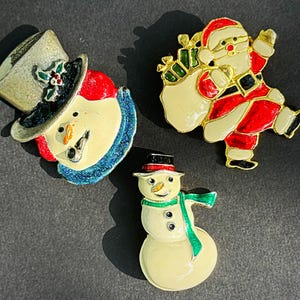 Vintage Enamel Christmas Pin Set of 3 Cute Christmas Pins Holiday Brooch Snowman and Santa Pin Set Vintage Christmas Themed Gift Holiday Hat