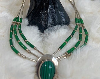 Vintage Sterling Silver Southwestern Beaded Malachite Liquid Silver Malachite Pendant Choker Necklace 3 Strand