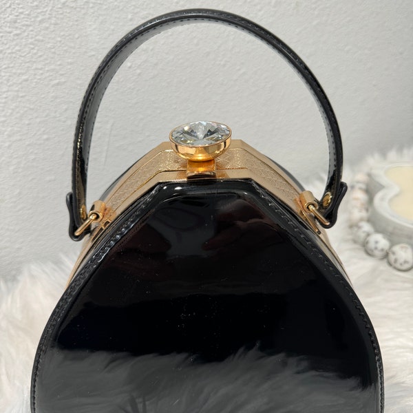 Vintage Black Patent Leather Handbag Structured Purse with Optional Chain Embellished with Large Crystal and Cool Rose Gold Metal Details