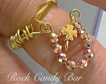 Lucky Horseshoe Dangle Ring | Lucky Clover Ring | Rose Gold Hematite Ring | Handmade Lucky Charm Jewelry | Gift for Her