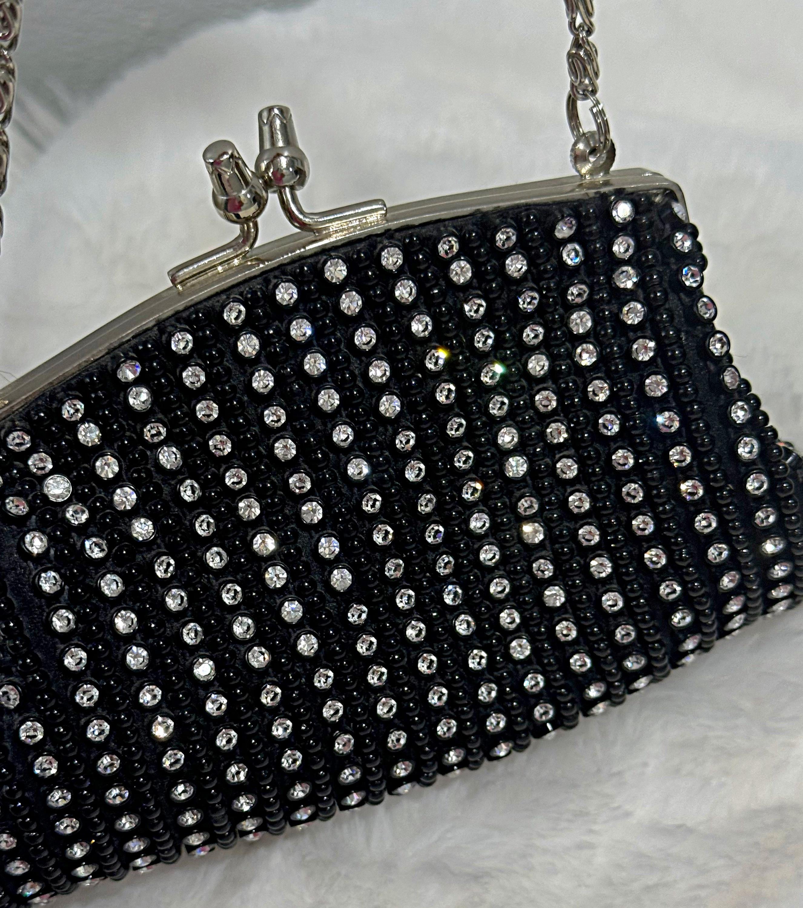Vintage 1980s Marshall Field's Black Rhinestone Evening Bag