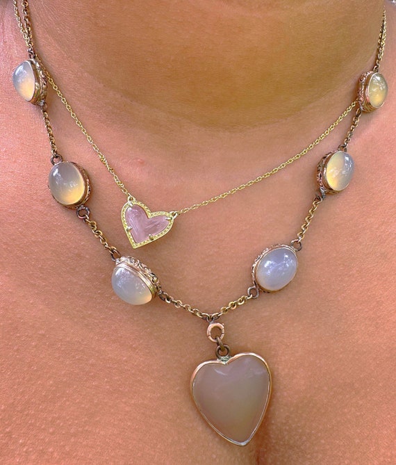 Antique Victorian Yellow Moonstone Heart Necklace – 9k Gold – 50+ Carats Natural Moonstone – Rare 7 Stone Antique Necklace